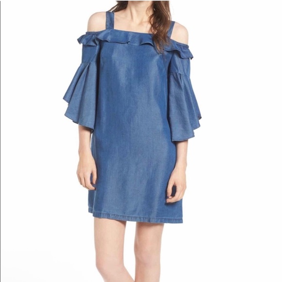 Chelsea 28 | New Denim Dress M Ruffle With Tags NWT 3/4 Sleeve Zip Jean Dress - Picture 1 of 13